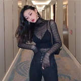 Сексуальные и прозрачные кружевные плиссированные топ для женщин в начале осени тонкий стиль и стильная тонкая посадка внутренней рубашки с сетью водолазки для женщин для женщин