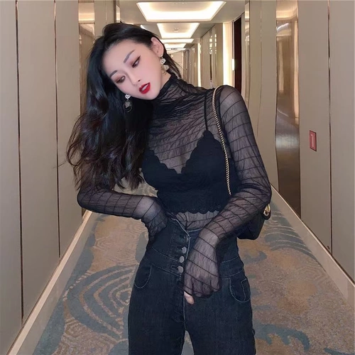 Сексуальные и прозрачные кружевные плиссированные топ для женщин в начале осени тонкий стиль и стильная тонкая посадка внутренней рубашки с сетью водолазки для женщин для женщин