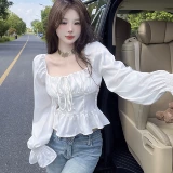 Осенняя рубашка, приталенный корсет, футболка, изысканный стиль, квадратный вырез, в западном стиле, рукава фонарики