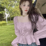 Осенняя рубашка, приталенный корсет, футболка, изысканный стиль, квадратный вырез, в западном стиле, рукава фонарики