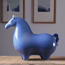 New Chinese style blue glaze ceramic horse creative living room entrance TV cabinet Hotel Bogu rack decoration soft decoration home accessories