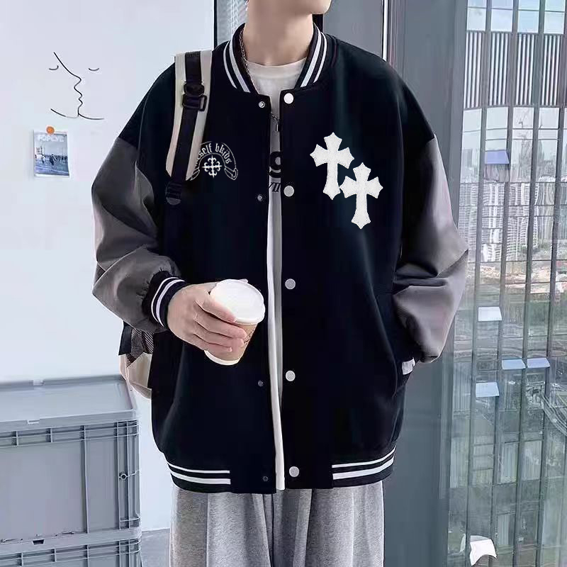 American Retro Baseball Jacket for Men and Women, Loose Fit, Color-Blocked, Cross Print, Trendy Brand, Versatile Couple's Jacket