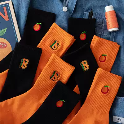 Mountain notes orange orange socks female tide Net red autumn ins Super fire medium and long version of early autumn socks