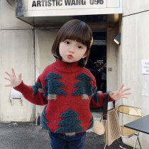 Girls Christmas sweater 2021 new autumn and winter plus suede thickened foreign air red childrens undershirt female baby winter clothing