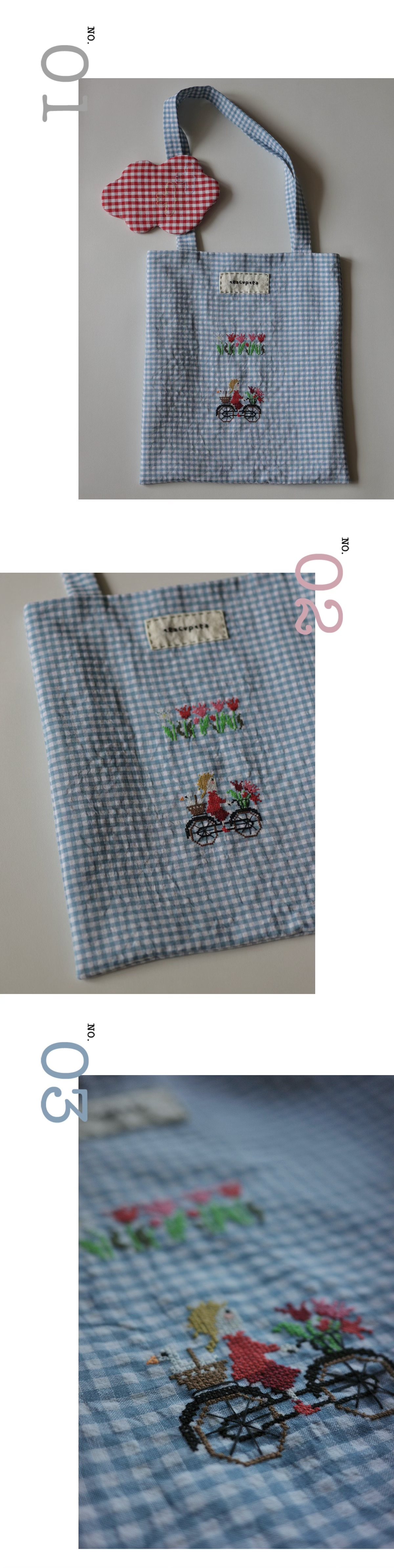 ガーデンシリーズ｜ブルーチェック刺繍ハンドメイドトートバッグ