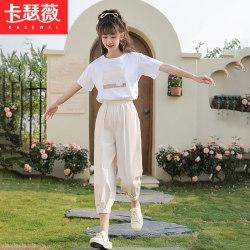 ເສື້ອຍືດແຂນສັ້ນ cropped pants suit for girls summer 2024 new style junior and high school students ສະດວກສະບາຍແລະຊຸດສອງສິ້ນວ່າງ