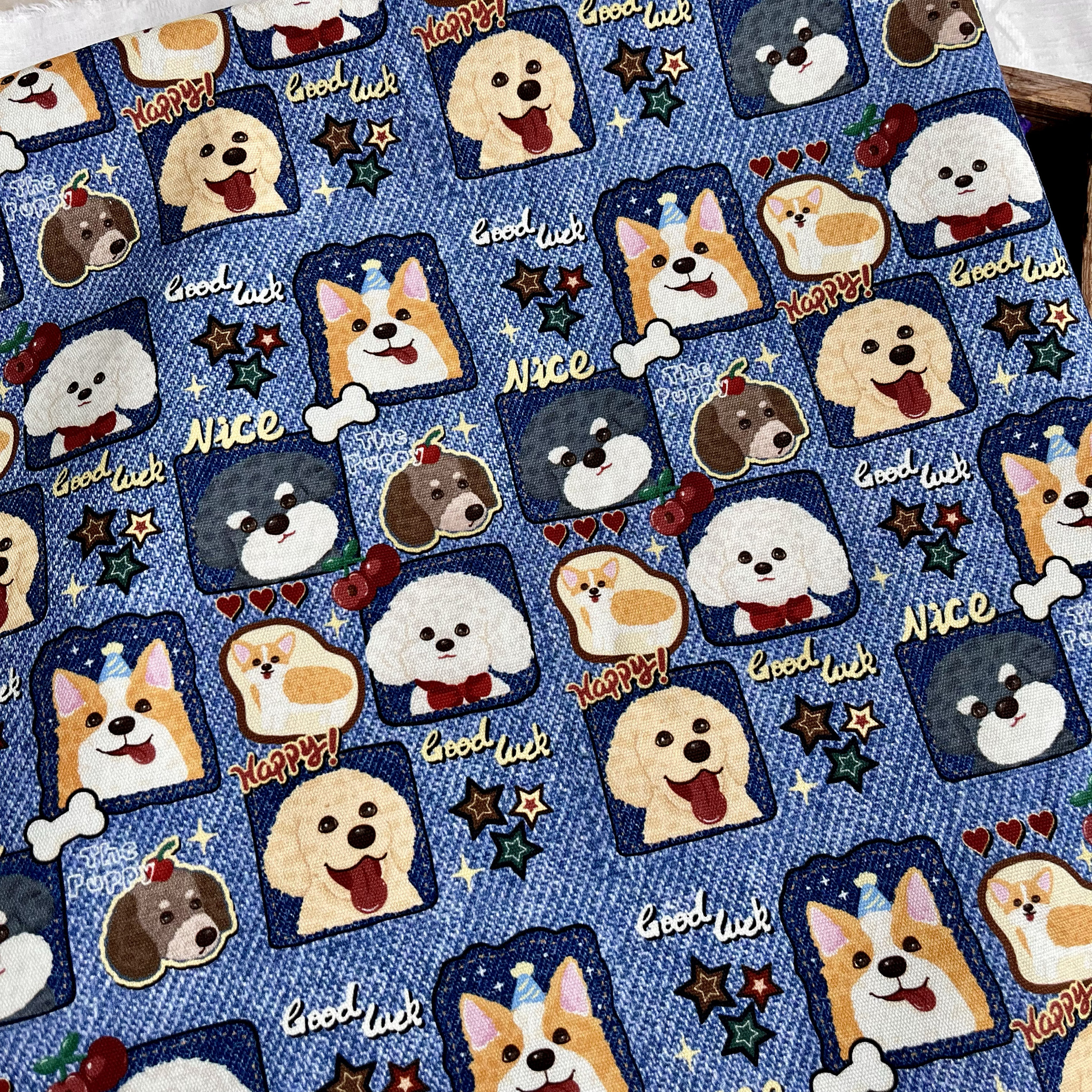 デニムパッチワーク子犬綿Ba&#39;anキャンバス1.5メートル幅1メートル価格バッグジャケット手作りDIY生地