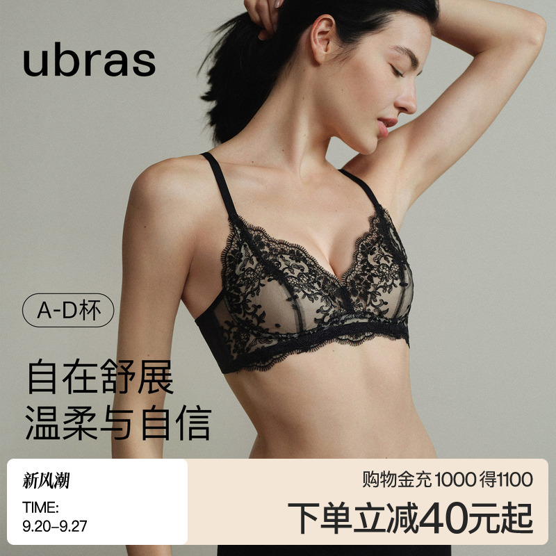 Ubras Rococo Wireless Thin Bra, Feminine French Style Black Lace Breathable Anti-Sagging Bra Ubras Rococo Wireless Thin Bra, Feminine French Style Black Lace Breathable Anti-Sagging Bra