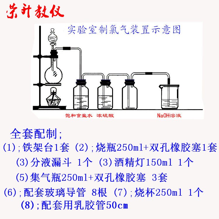 实验室制氯气制取氯气装置含铁架台烧瓶集气瓶教学仪器实验器材