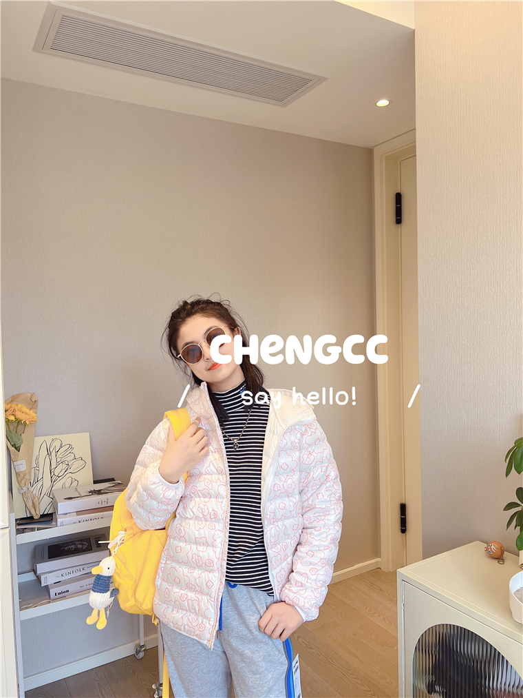 22 autumn and winter 90 white duck - duvet rice white flower thin down jacket and hat anti - cold girl students