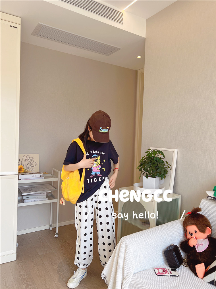 Double 11-5 fold ~ 22 years spring and summer foreign air white wave point loose comfort pure cotton wool circle sports pants female small medium-Taobao