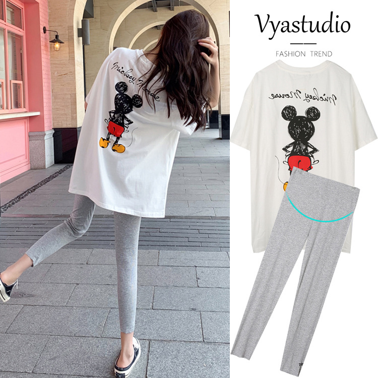 Pregnant women summer clothes T-shirt suit fashion trendy mom summer go out net red sports cartoon short-sleeved top two-piece set