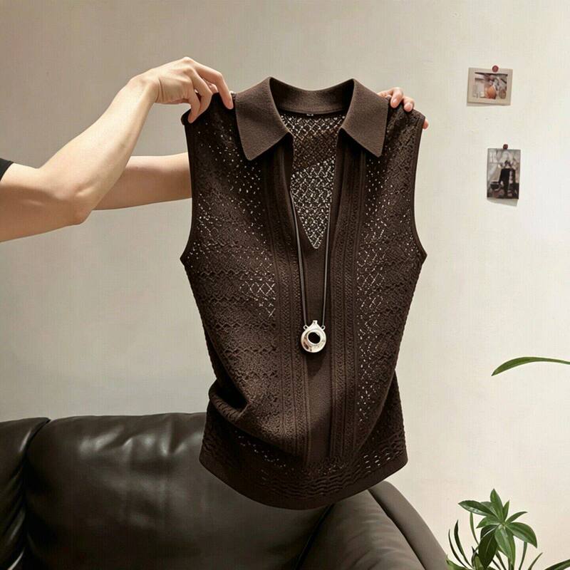 High-End Coffee-Colored Polo Collar Hollow-Out Knit Vest for Women, New Summer Versatile Slim-Fit Sleeveless Top Trendy