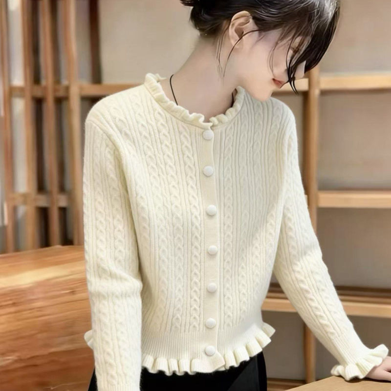 French-Style Gentle Twist-Knit Cardigan for Women, 2026 Spring and Autumn New Model, Ruffled Edge, Inner Sweater, Outerwear Top French-Style Gentle Twist-Knit Cardigan for Women, 2026 Spring and Autumn New Model, Ruffled Edge, Inner Sweater, Outerwear Top