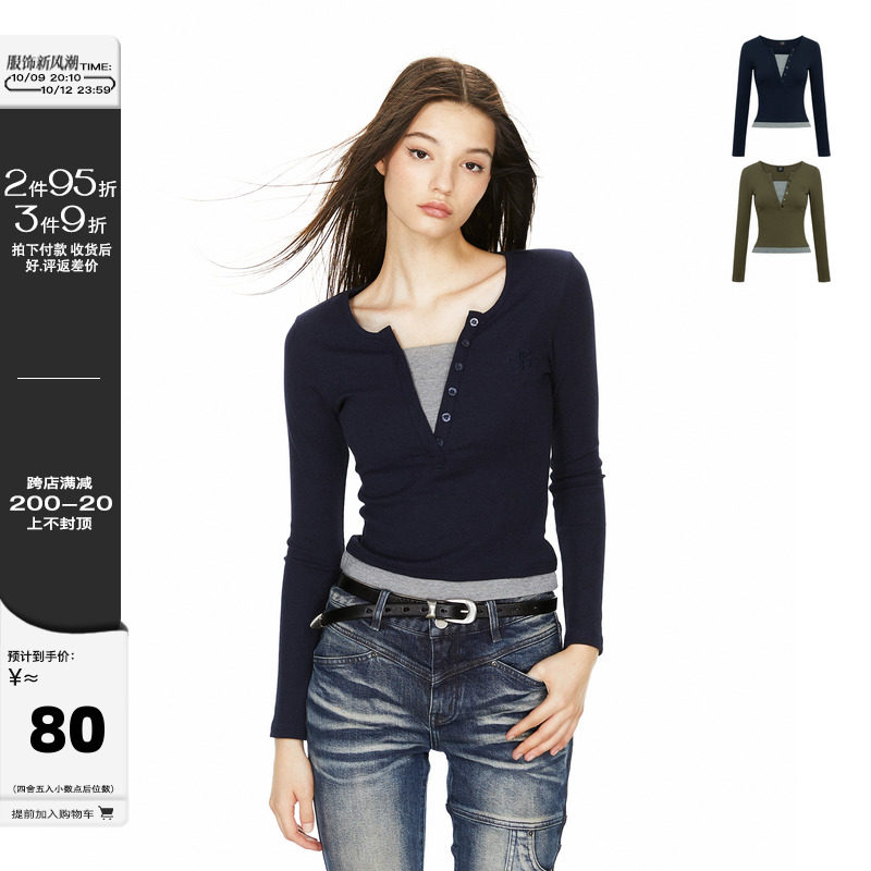 AE6604 American retro first autumn fake two long sleeves t-shirt female hot girl to fix the bottom new design feel blouses-Taobao