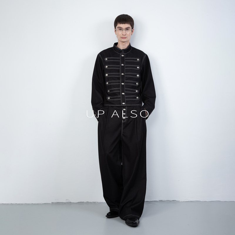 Upalso Quiet Luxury Napoleon Knight Style Open-Stitch Metal Button Stand Collar Suit Short Woven Metallic Texture Jacket