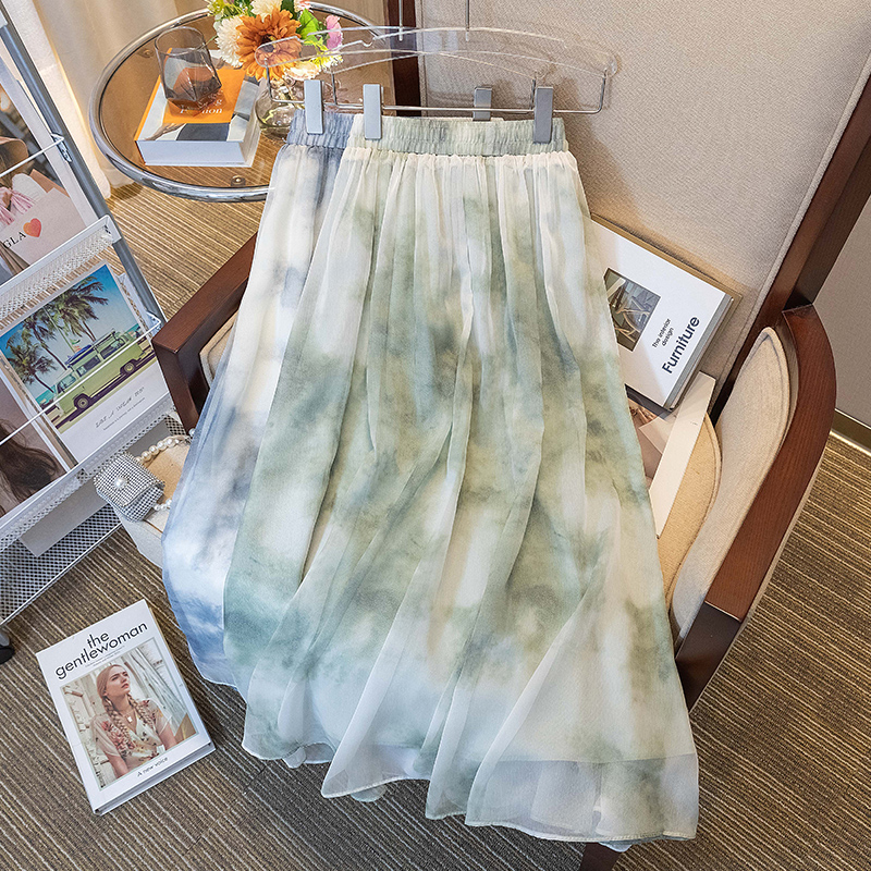 大きいサイズの新しい中国風シフォン薄いガーゼスカートハーフスカート女性の夏ファットmmハイウエストスリムAラインプリーツスカート