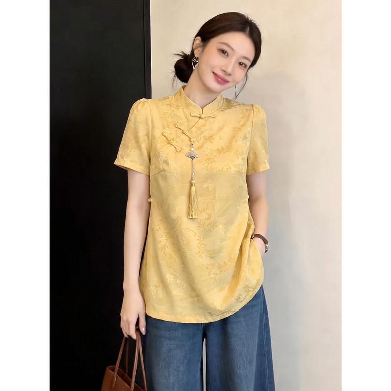 New Chinese Style Jacquard Short-Sleeved Shirt for Women 2026 Summer Plus Size Elegant and Slimming Cheongsam Top