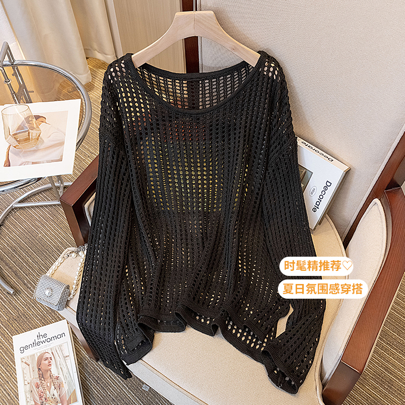 French-Style Hollow-Out Sun Protection Blouse Short-Sleeve T-Shirt for Women, Early Autumn, Plus Size, Slightly Chubby, Tummy-Covering, Slimming, Black, Thin Top