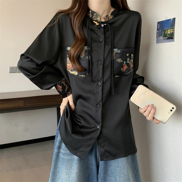 Plus size women's new Chinese style button-up shirt early spring slightly fat mm mid-length straight shoulder improved Tang suit top