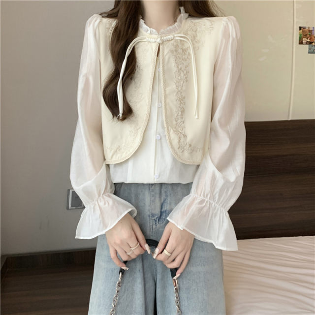 Large size new Chinese style plate buckle fake two-piece vest shirt for women in spring for fat mm to cover belly and make slim bell sleeve top