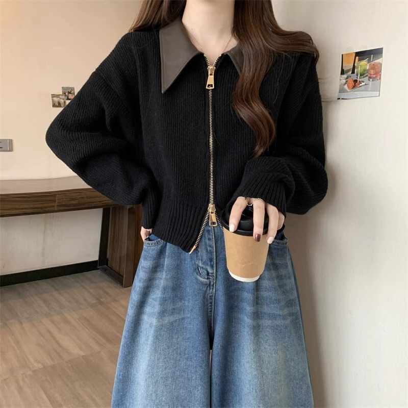 Designed Double-Zip Sweater Jacket for Women 2026 Autumn and Winter Plus Size Slightly Chubby mm Black Knitted Cardigan Slimming Top