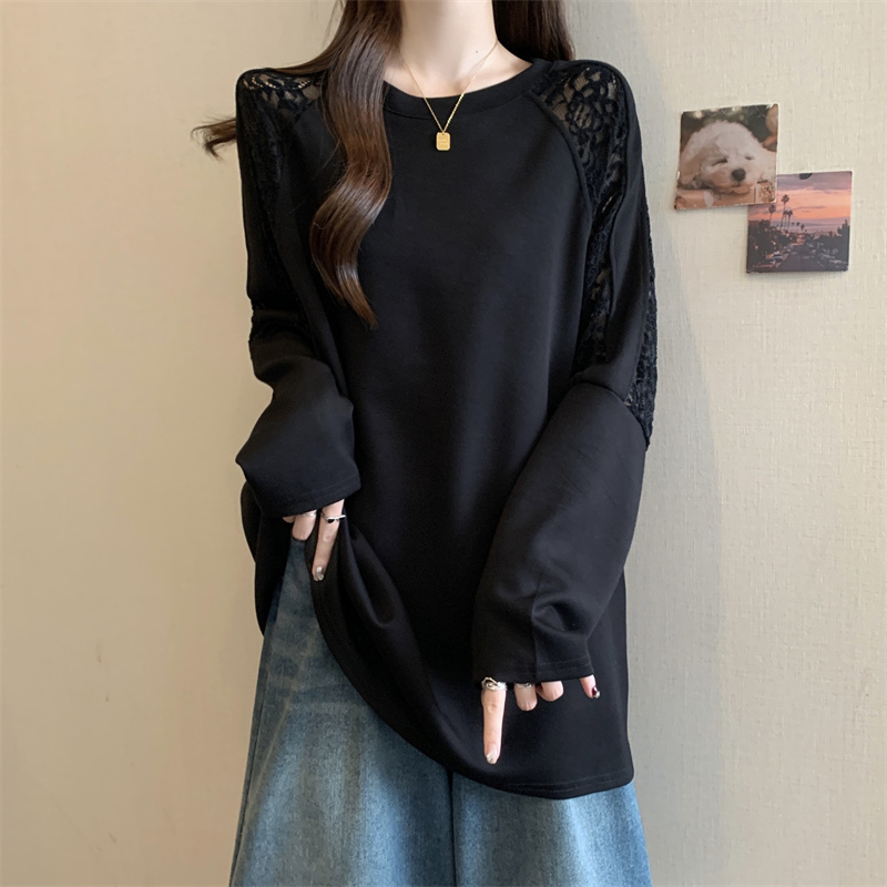 High-End Lace Hollow-Out Base Shirt for Women, Autumn and Winter, Plus Size, Mid-Length, Covers the Hips, Loose and Slimming Top