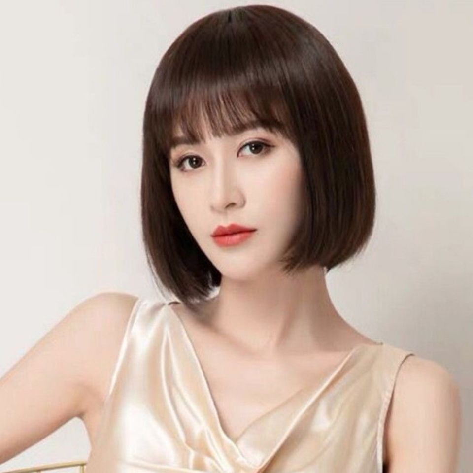 Wig female short hair real hair full human hair bob head shape middle-aged and elderly mothers natural round face full head set hair set