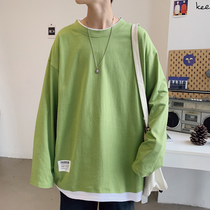 Fake Two Uncapped Mens Ins Loose Currents 100 lapped Korean version Students Long sleeves T-shirt blouses The thin section of the spring and autumn