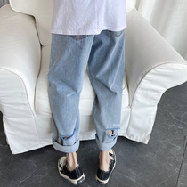 Breaking hole jeans mens straight loose ins Super fire cec Net Red wide leg pants shake sound handsome summer thin bf