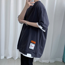 Short-sleeved T-shirt mens Tide brand trend super hot harbor wind pure cotton body fake two pieces of ins Joker fat big size Haruto