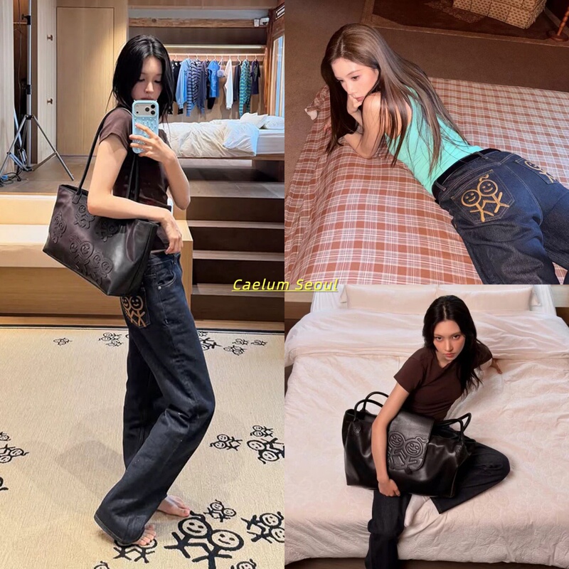 Urban Sophistication Song Yanfei's Same Style Stickman Embroidered Pocket Straight-Leg Denim Pants