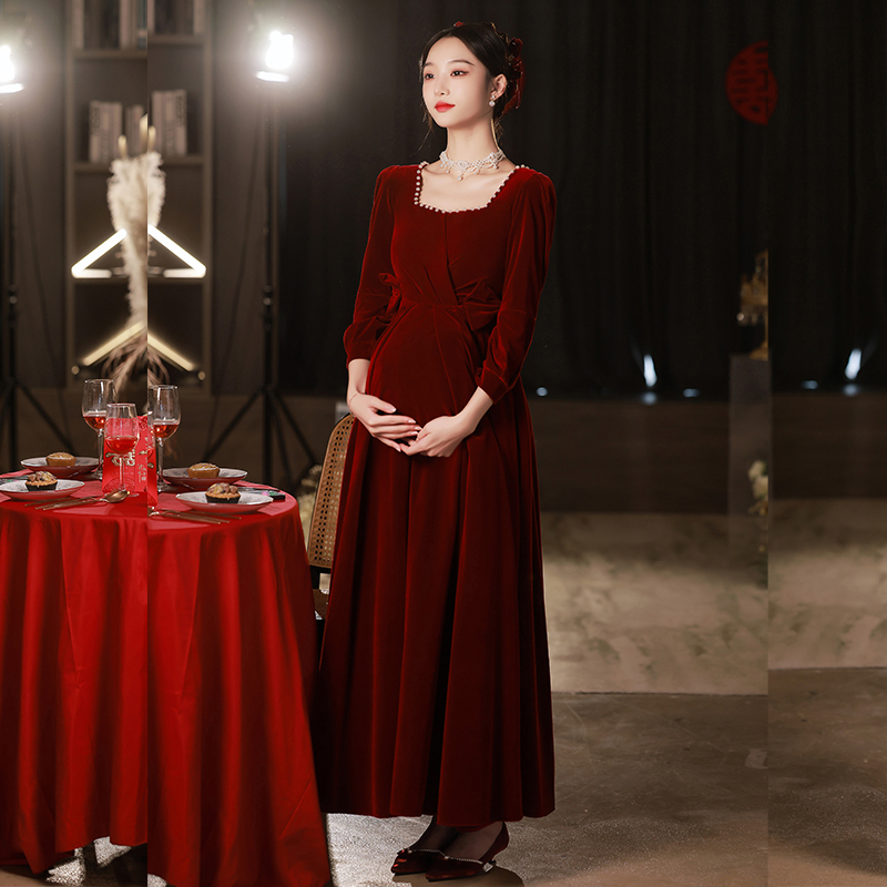 Maternity Toast Dress for Bride 2026 New Long-Sleeved Velvet Autumn and Winter Engagement Banquet Dress Plus Size for Chubby Women