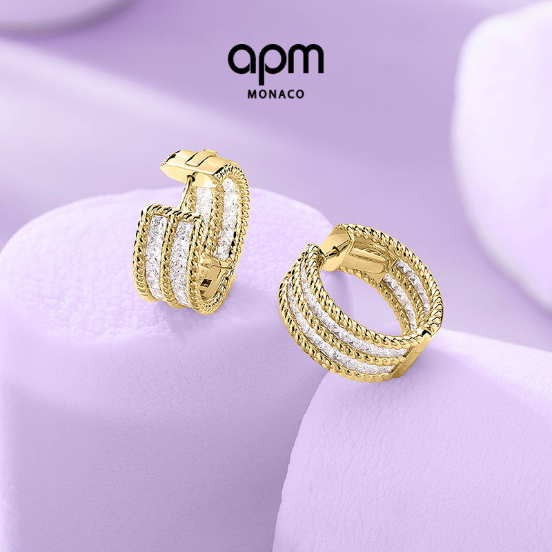 [杨紫同款]APM Monaco金黄色Torsade密镶圈形耳环女耳饰双层新品