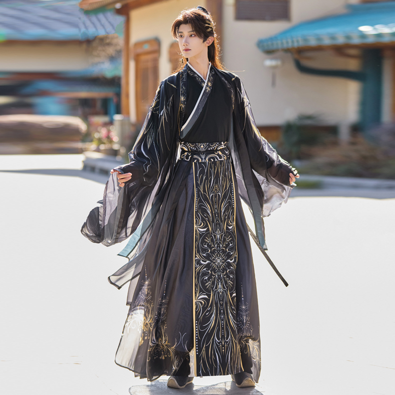 Hanfu for Men, Original Martial Arts Style, Couple's Fairy Tale Chinese Style, Ancient Costume, Waist-Length, Large-Sleeved Shirt, Daily Class Uniform for Male and Female Students