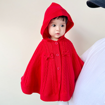 Baby shawl small coat stylish red warm and windproof baby poncho thin velvet spring autumn and winter outing