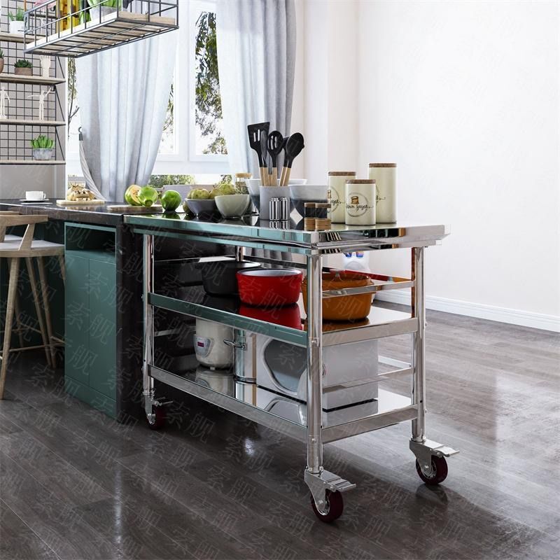 304 thickened stainless steel bench triple layer with fence lever mobile cart kitchen Commercial Home Cut Vegetable Table