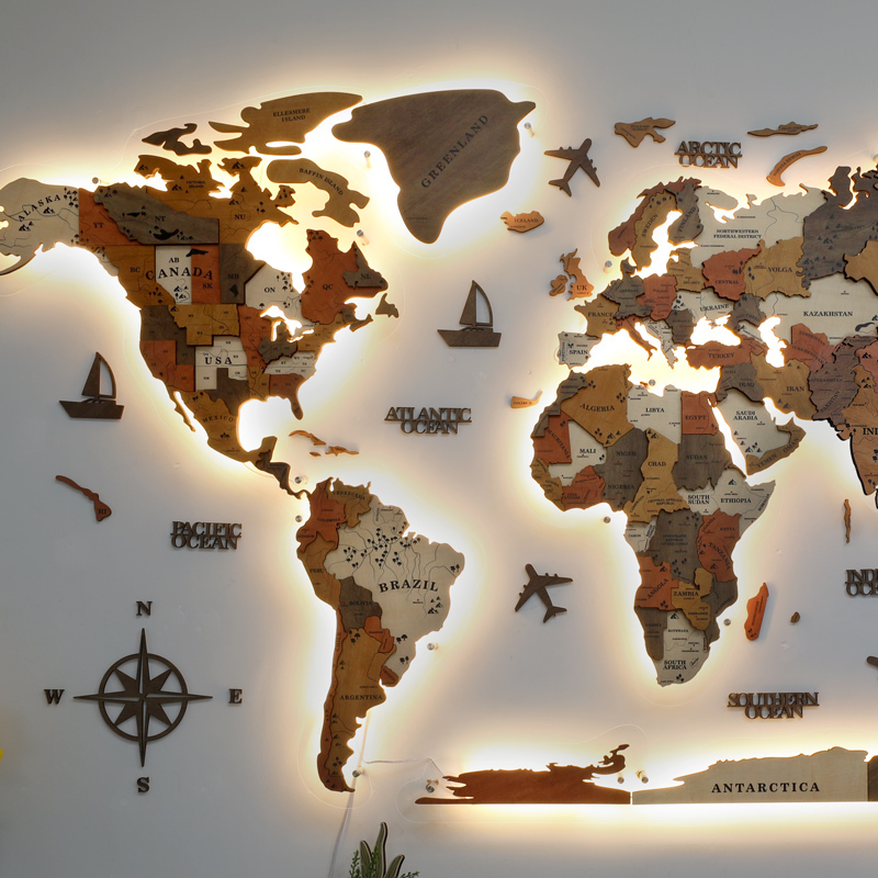 Insul World Light-Emitting Map Solid Wood Three-Dimensional Wall Decoration Creative Living Room Background