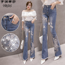 Micro-flared womens jeans 2021 summer high waist slim slim heavy embroidery stretch micro-flared trousers fishtail pants