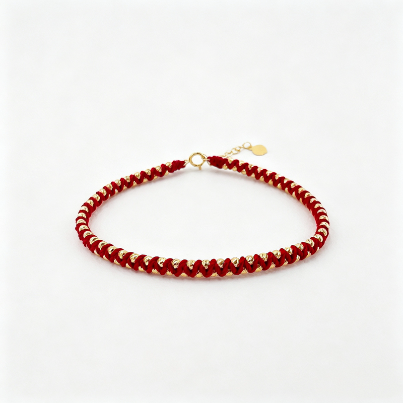 18K Gold Double-Row Braided Red Rope Bracelet with Burgundy 2mm Patterned Beads and Diagonal Weaving for Good Luck