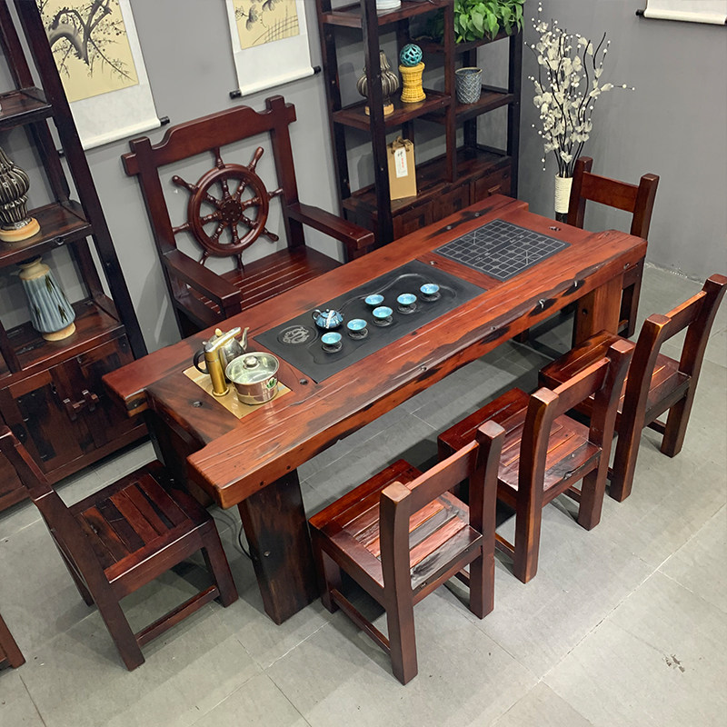 Old elm tea table solid wood tea table tea set integrated brewing tea table coffee table Chinese style old boat wood tea table and chair combination