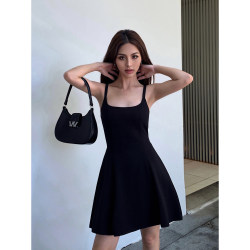 NEVA HU Black Square Neck Suspender Dress Women's Summer A-Line Short Skirt High-end Temperament Waist Skirt