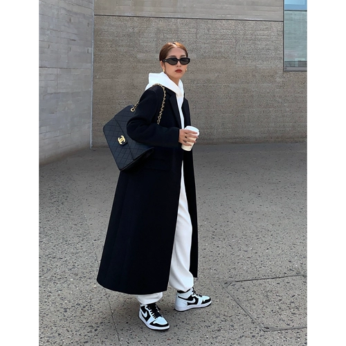 Черное длинное шерстяное пальто, костюм, средней длины, оверсайз, свободный крой