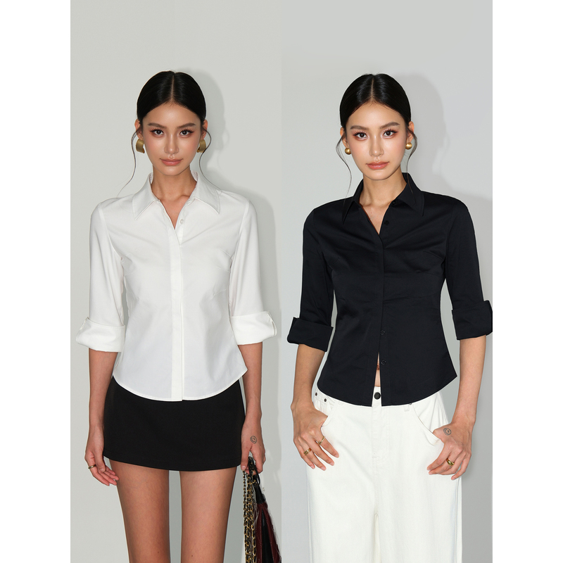 Neva Hu Free New Commuting Style High-End Black Waist-Cinching Shirt Feminine Slim-Fit Commuting Mid-Sleeve Shirt