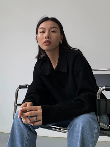 Черный трикотажный свитер, воротник поло, осенний, в корейском стиле