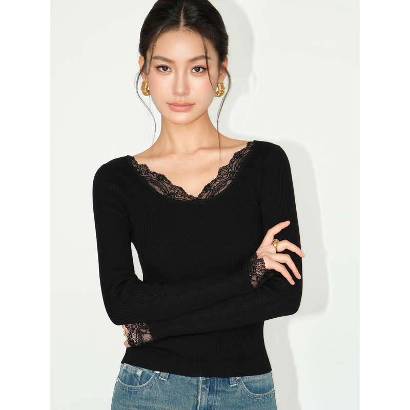 Neva Hu Black Knitted Long-Sleeved Bottoming Shirt for Women, New Style, Stylish Inner Wear, Lace Splicing, Slim-Fitting Top