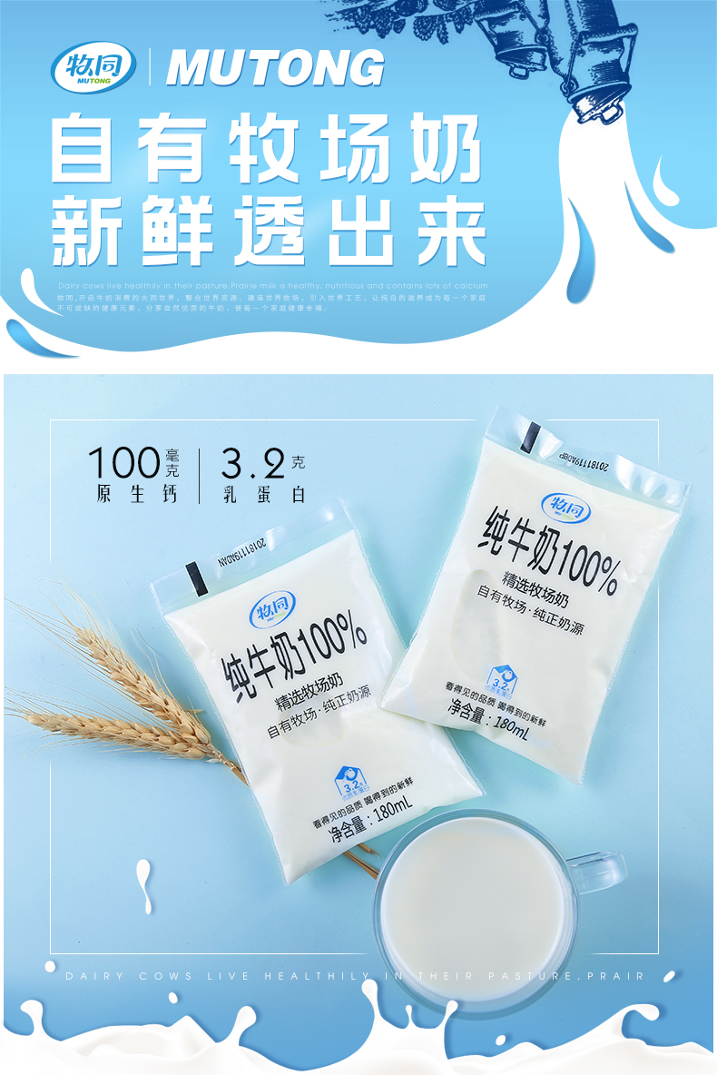 夏进旗下，5天内鲜产：180mlx14袋 牧同 3.2g高蛋白 全脂纯牛奶 29.8元包邮 买手党-买手聚集的地方