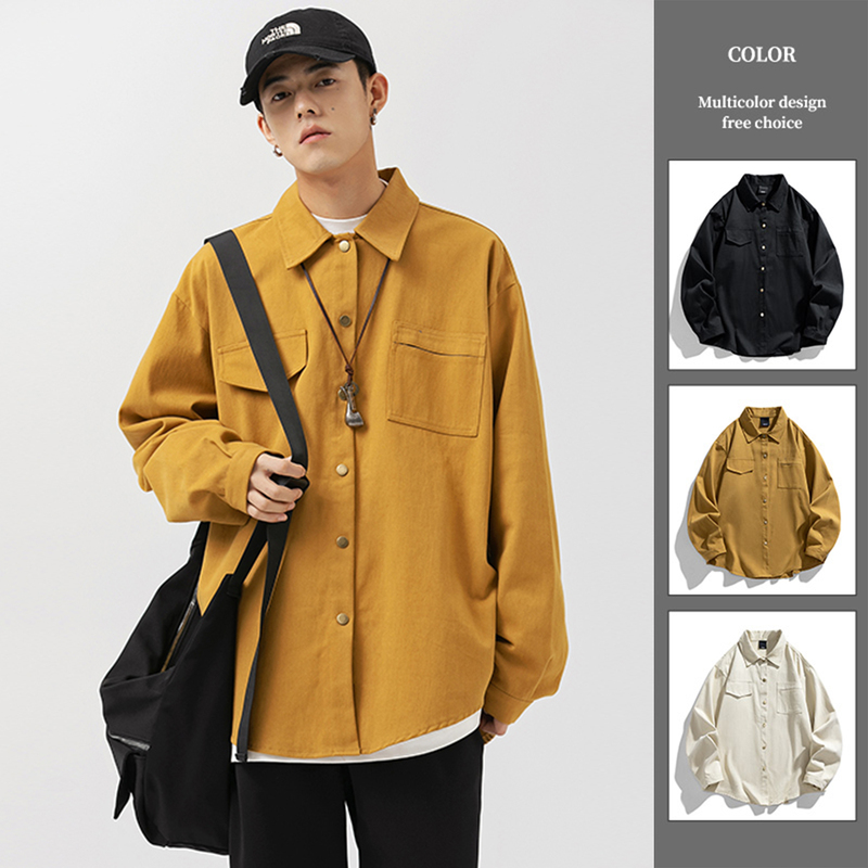 Mscs Washed Pure Cotton Long-Sleeved Shirt for Men and Women 2025 Autum Japanese Style Retro Loose Shirt Jacket with Snap Buttons