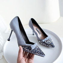 Gulvdinel Fairy Wind Sequel 100 Lap ~ Blue High Heel Shoes Woman Little Fresher Sexy Pointmouth Single Shoe