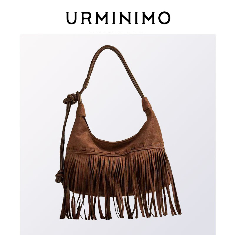 Retro Tassel Bag Brown New Style Maillard Bag Women's Xinjiang Bag Bohemian Ethnic Style Single Shoulder Crossbody Bag Retro Tassel Bag Brown New Style Maillard Bag Women's Xinjiang Bag Bohemian Ethnic Style Single Shoulder Crossbody Bag